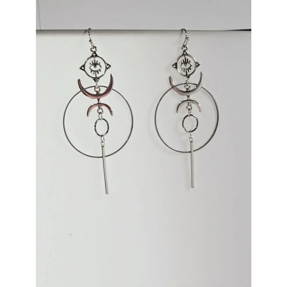 Evil Eye Moon Earrings Silver Dangle Celestial Hoop Statement Oversized Edgy Alt